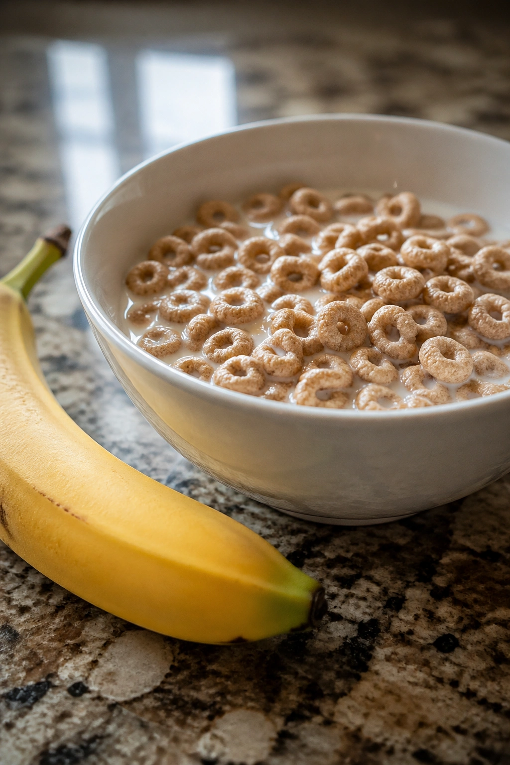 Bowl of cereal with milk and a banana beside it
