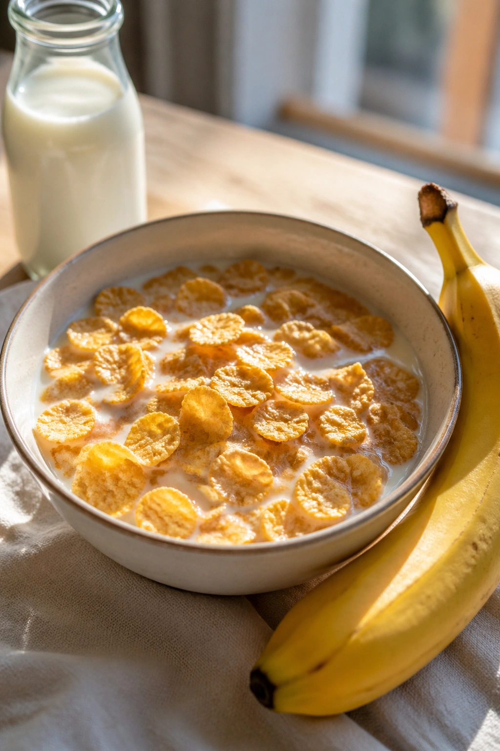 Close-up bowl of cereal with milk and a banana