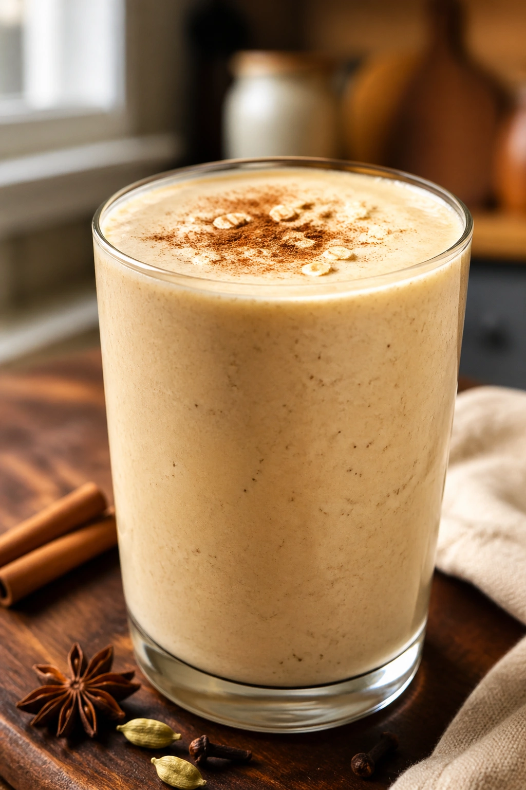 Creamy vanilla chai Greek yogurt smoothie in a glass in a warm kitchen