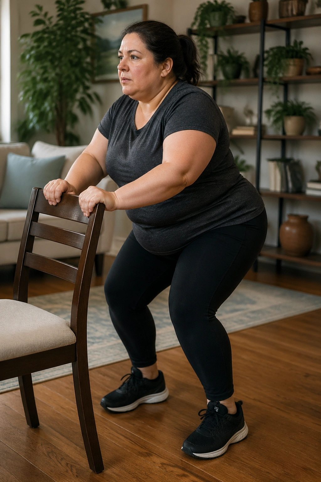 Medium shot of a person performing seated to standing with a chair in a home setting