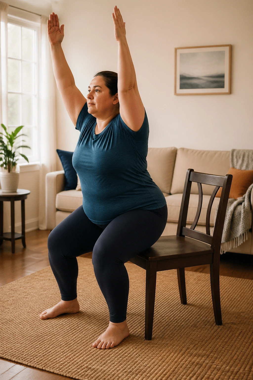Real woman doing chair-assisted squats and arm reaches.