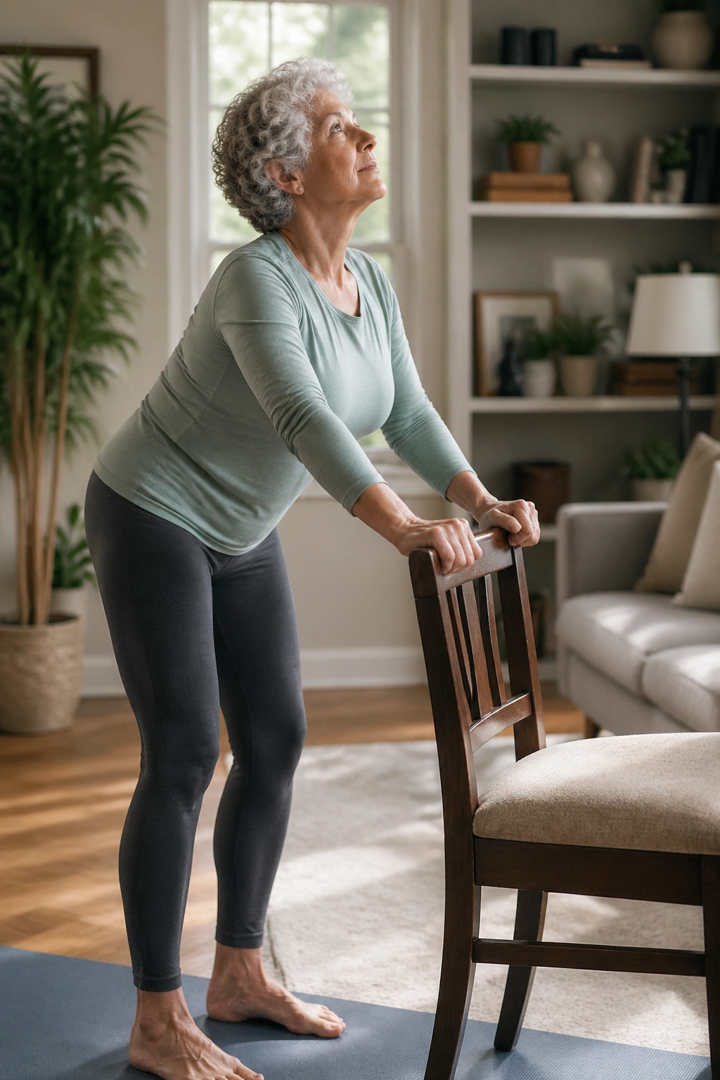 Medium close-up of an older real person performing chair-back cat-cow with a gentle spine mobility
