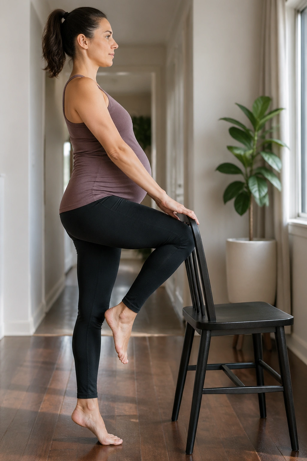 Pregnant person behind chair performing marching and heel raises