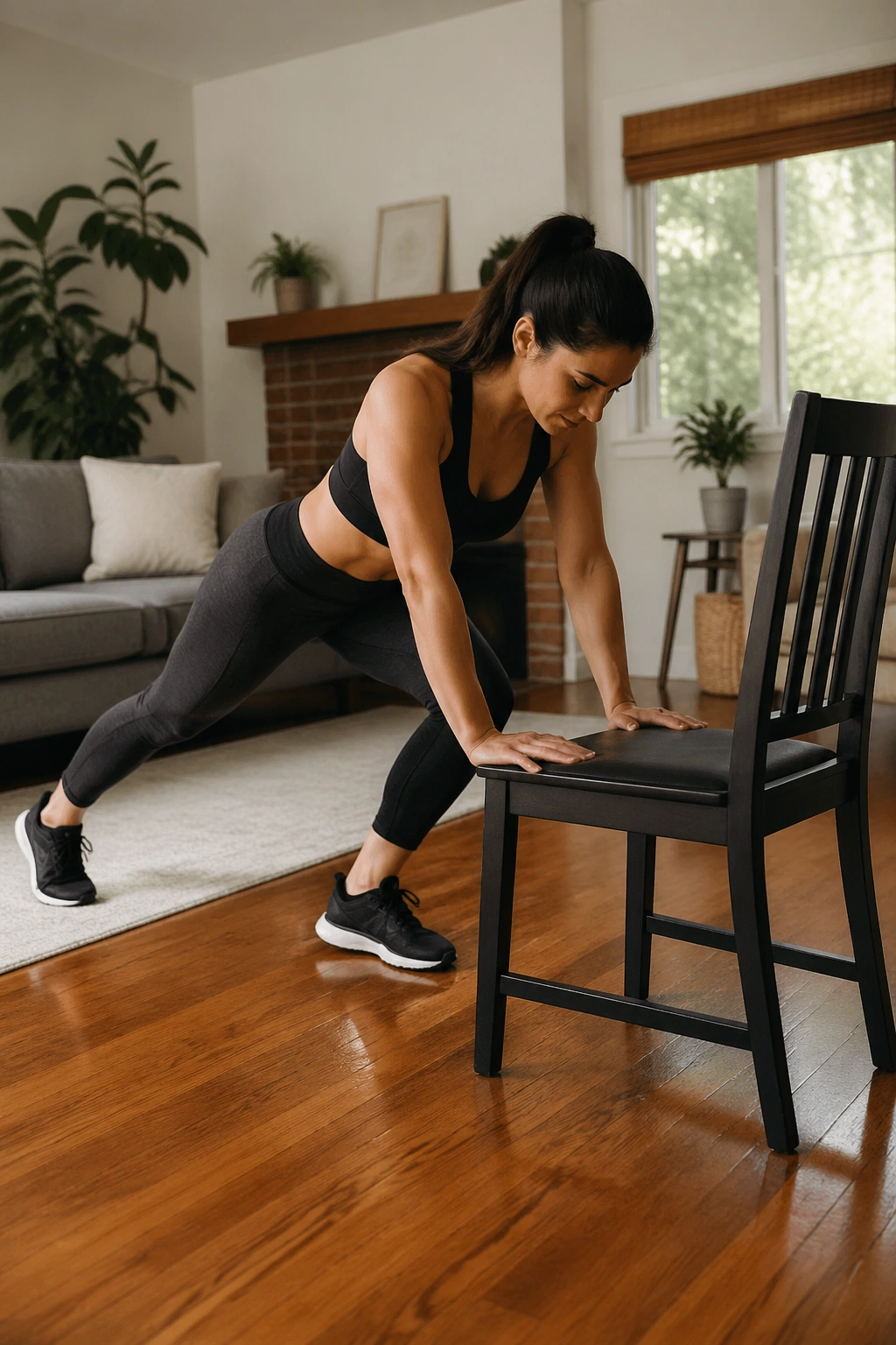 Person performing chair-assisted beginner burpee in a home workout space