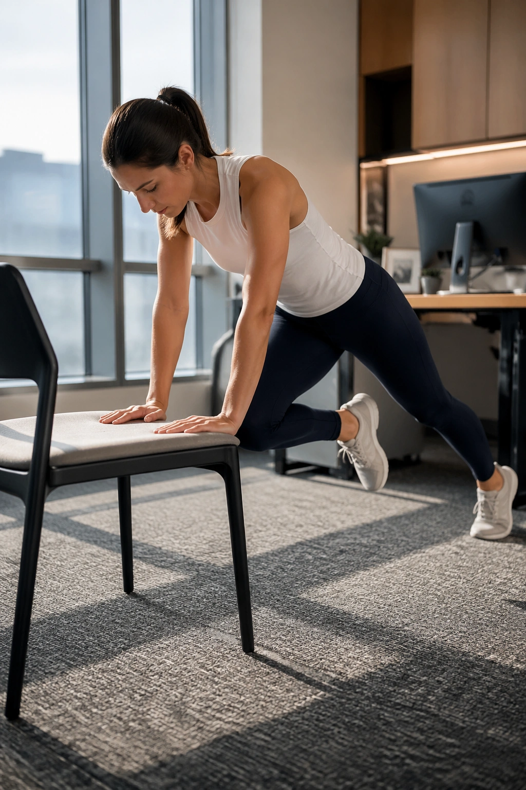 Person performing chair mountain climbers in an office
