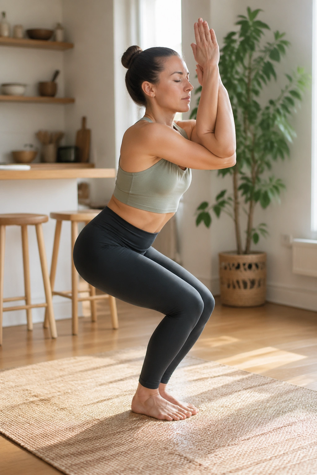 Portrait of a person in Chair Pose with Eagle Arms showing strong posture.