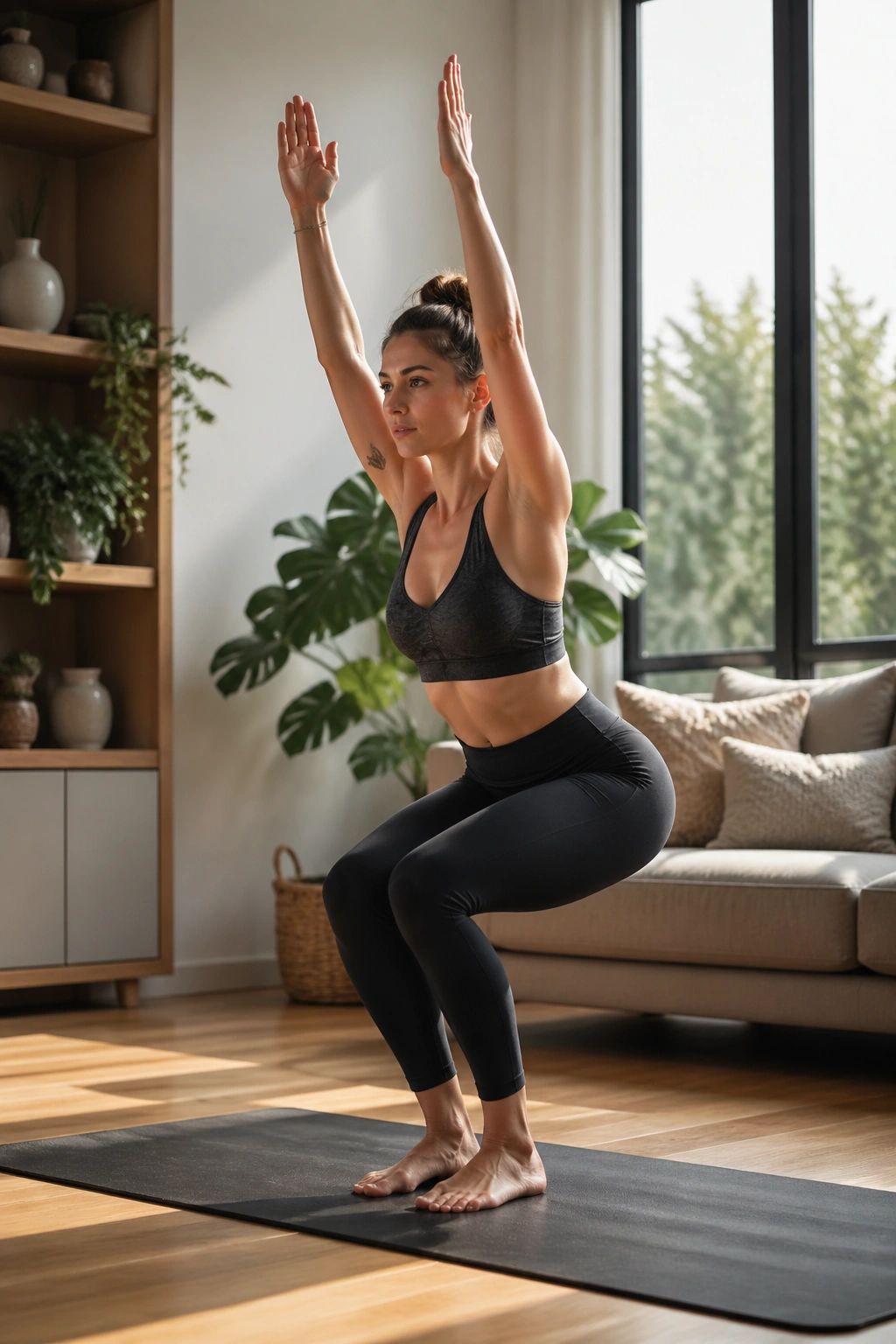 Full-body portrait of a person in Chair Pose Pulse Ladder in a sunlit home yoga corner.