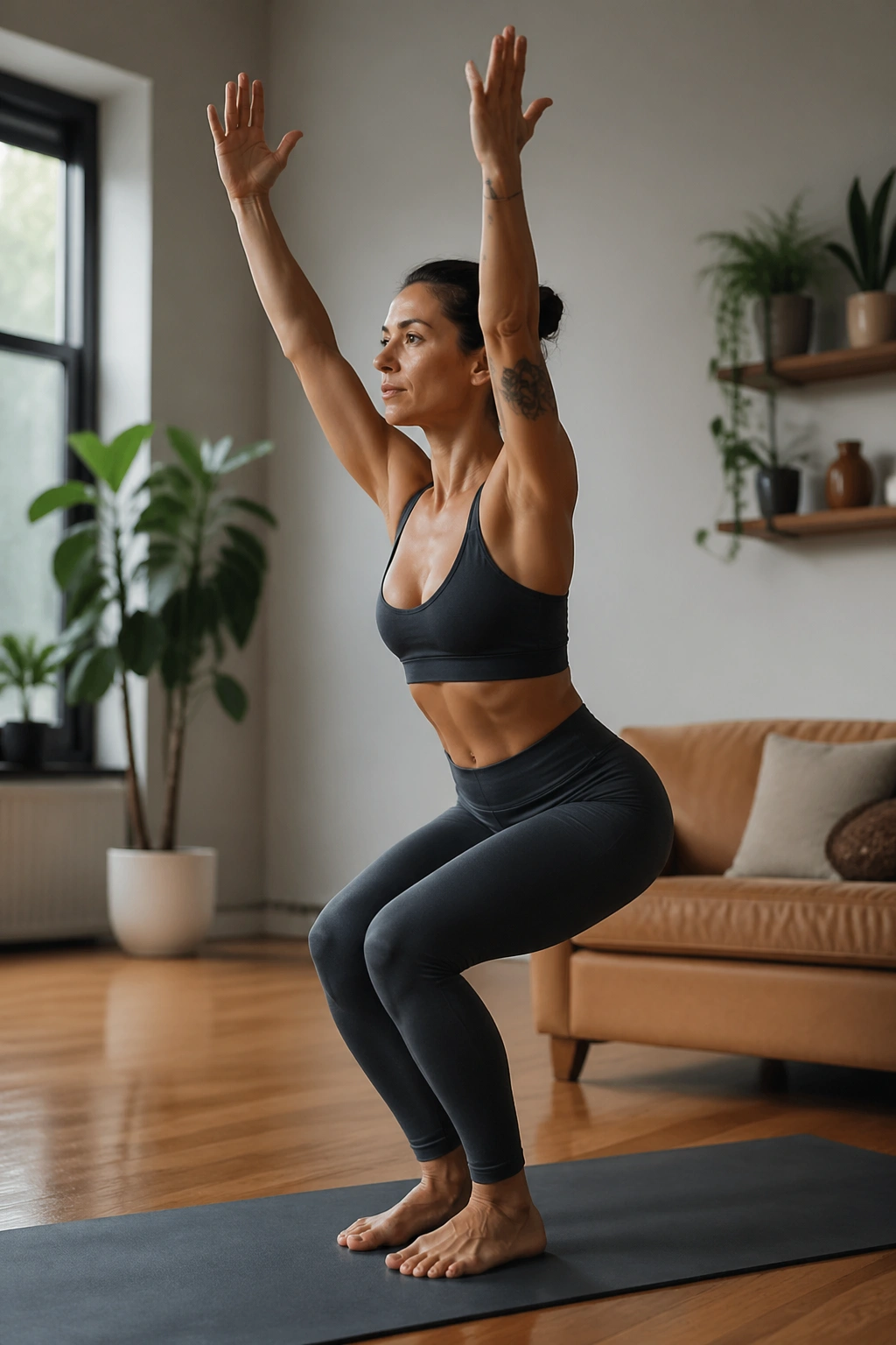 Close-up of Chair Pose showing spine length and arm reach