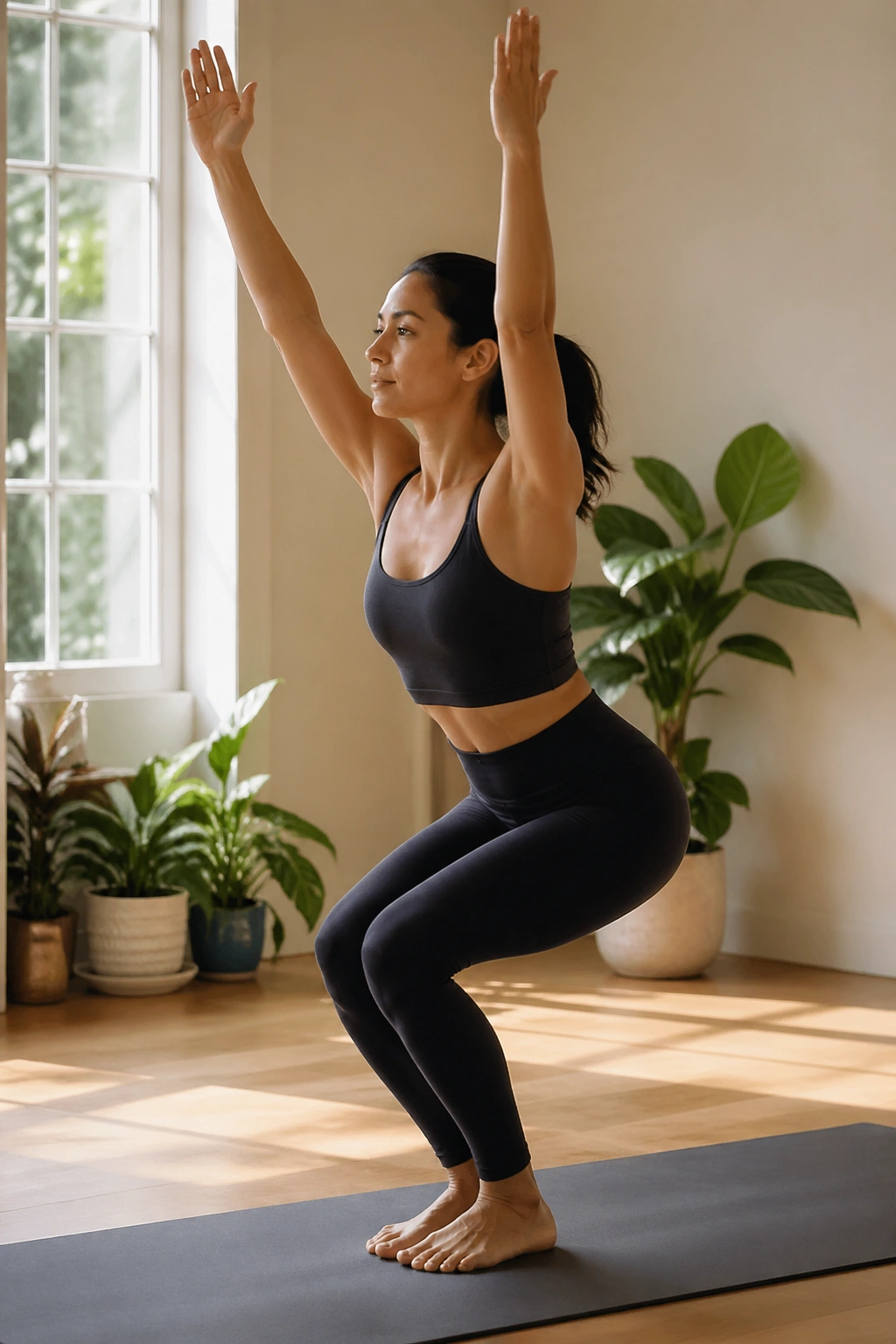 Person in Chair Pose with raised arms and engaged thighs.