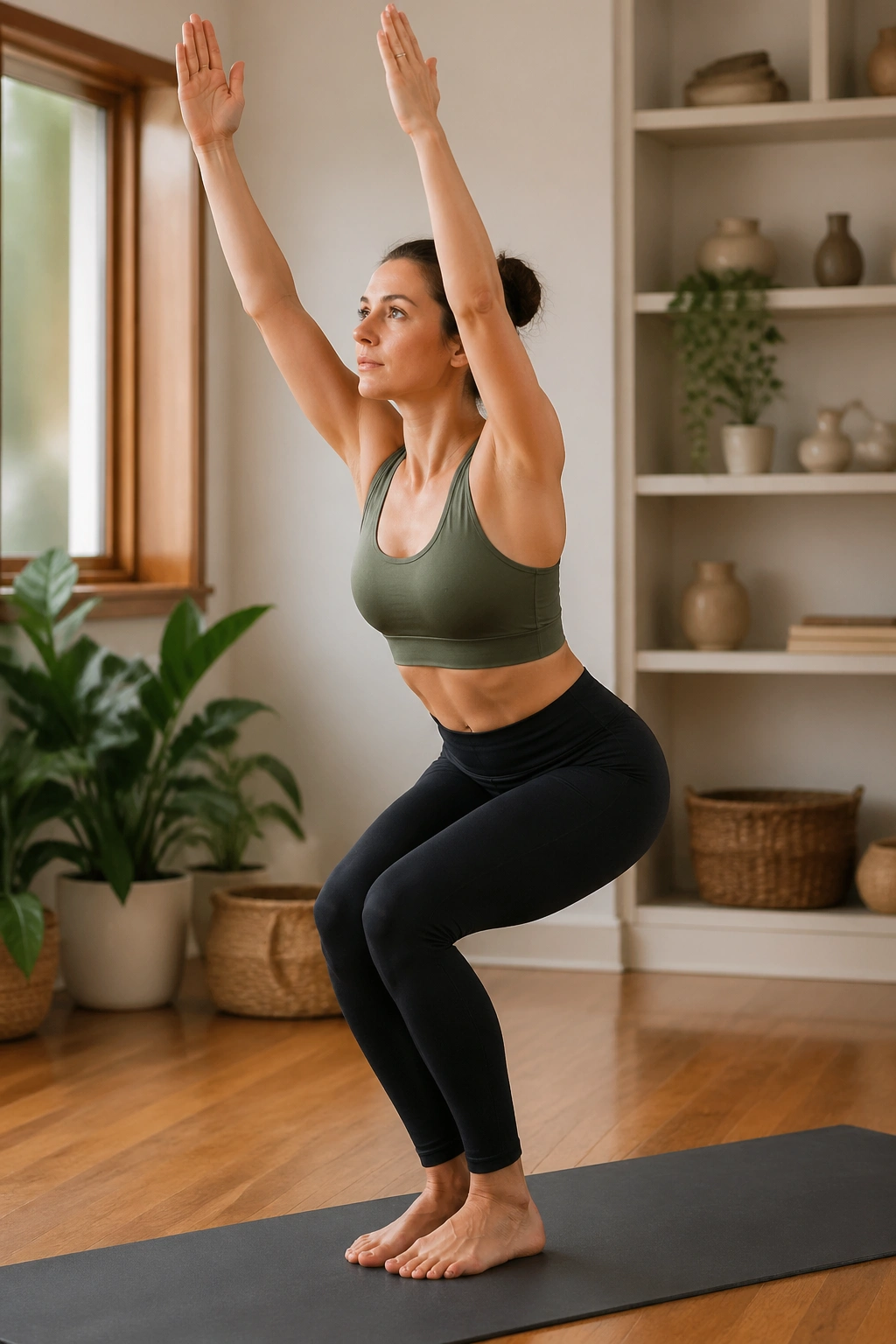 Medium-close portrait of Chair Pose on a real person in a calm yoga space