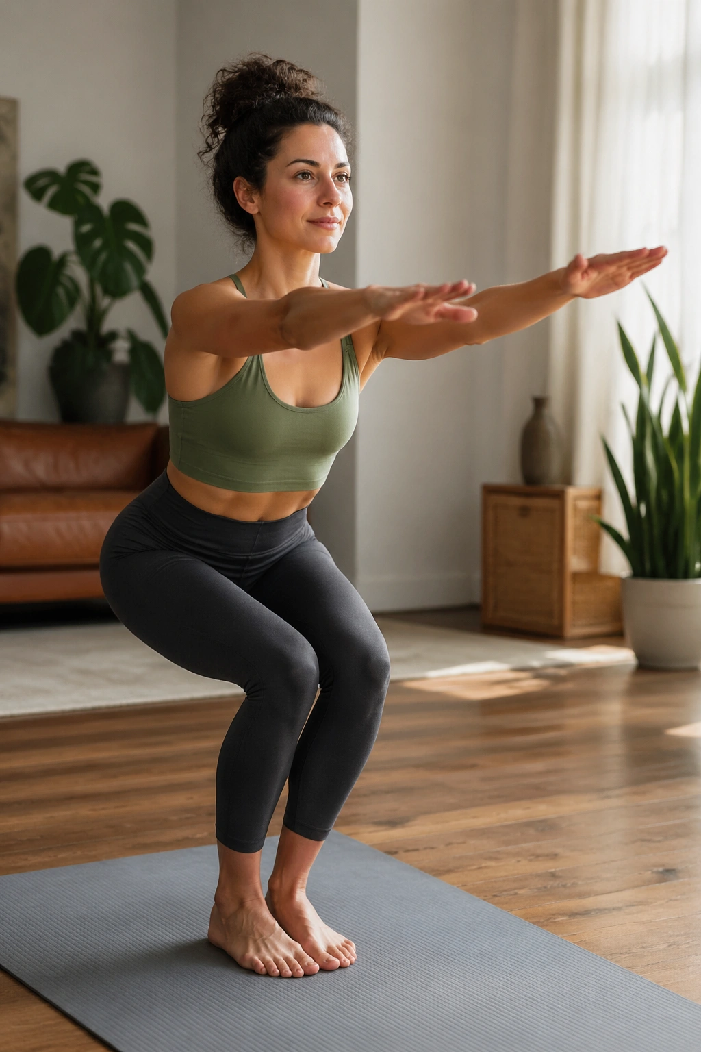 Medium close-up of a real person in chair pose highlighting quad and ankle engagement in a sunlit living room