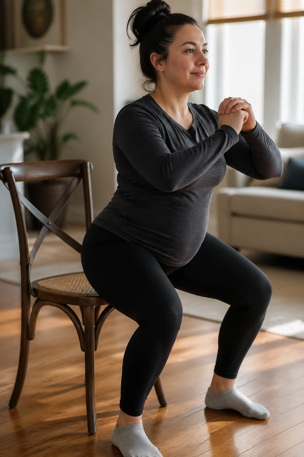 Real woman performing chair sit-to-stand squats at home