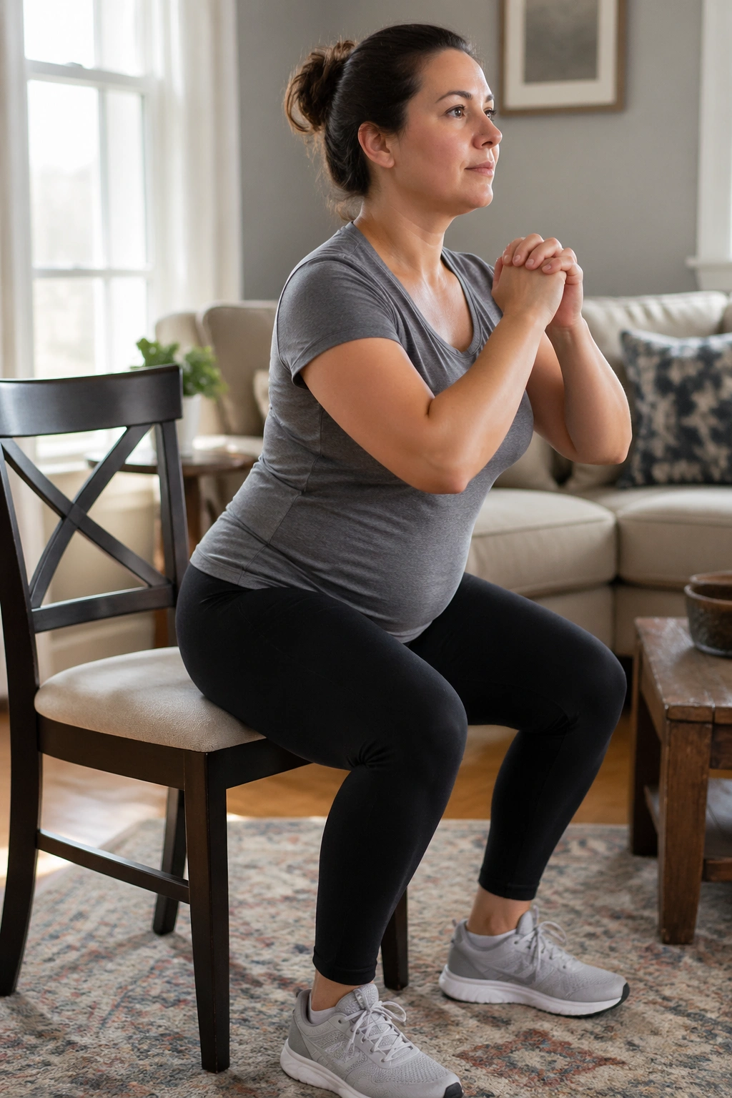 Medium-shot of a real woman performing a chair squat in a cozy living room, hips back, glutes near the chair.