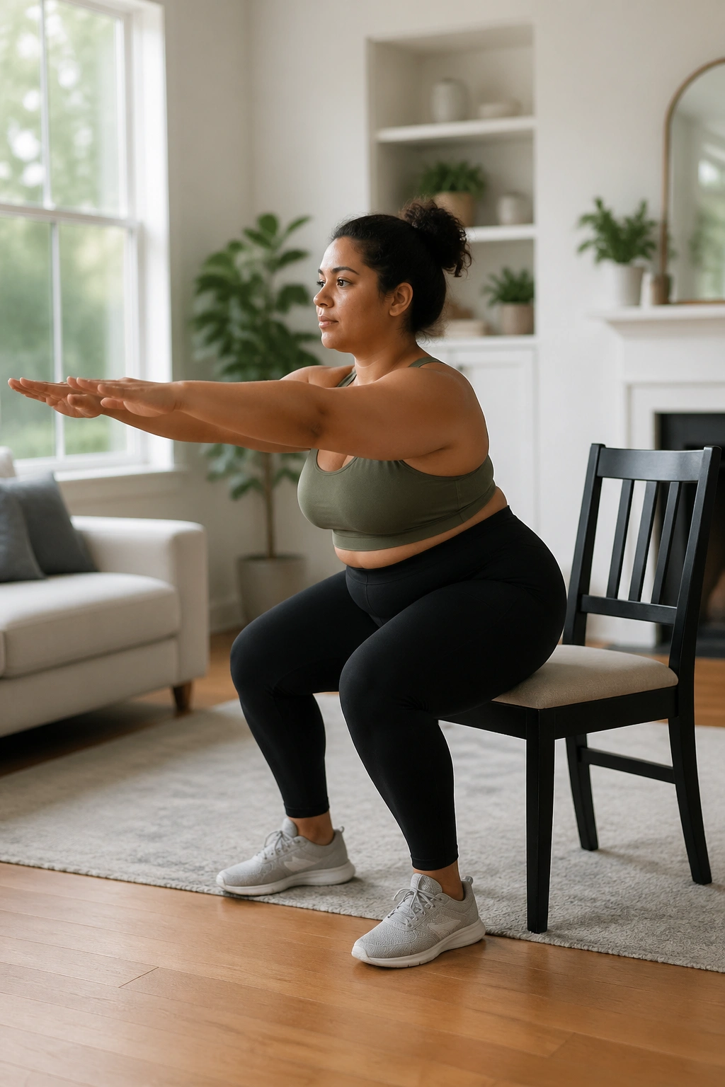 Person performing chair squat to stand in a home setting