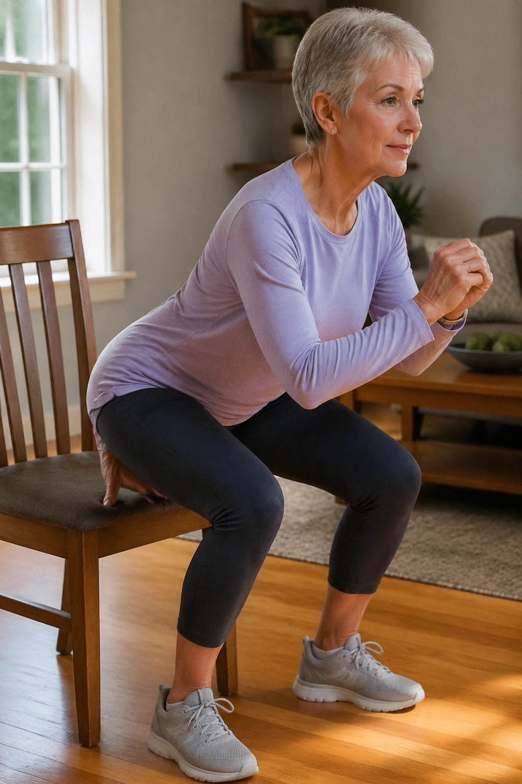 Real person performing a slow chair squat in a home setting.