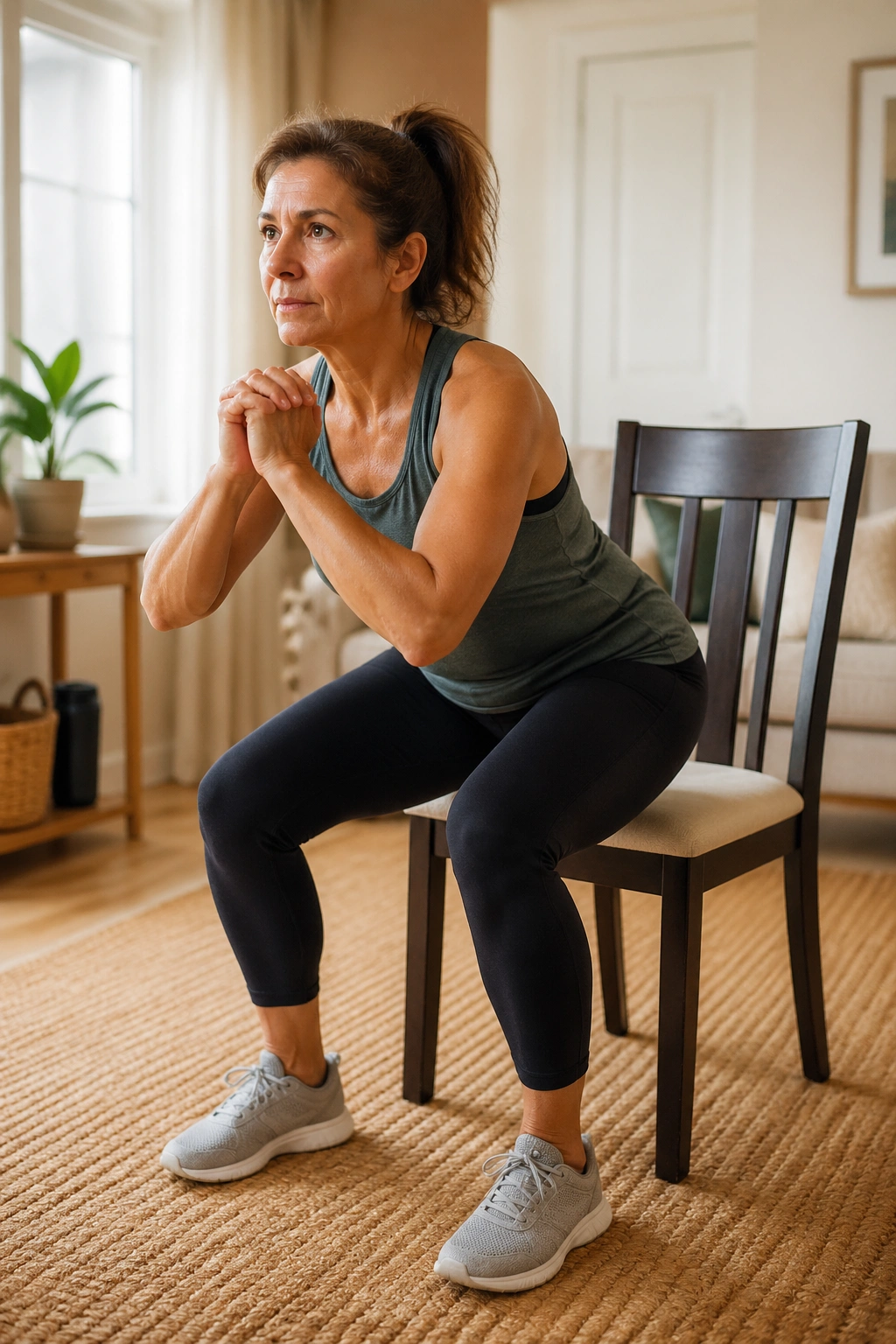 Person performing chair squats in a home setting
