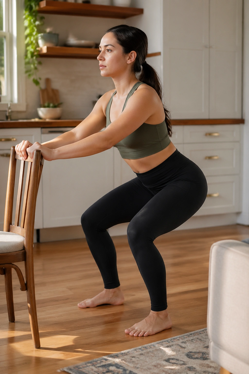 Real person performing a chair squat near a chair in a cozy home