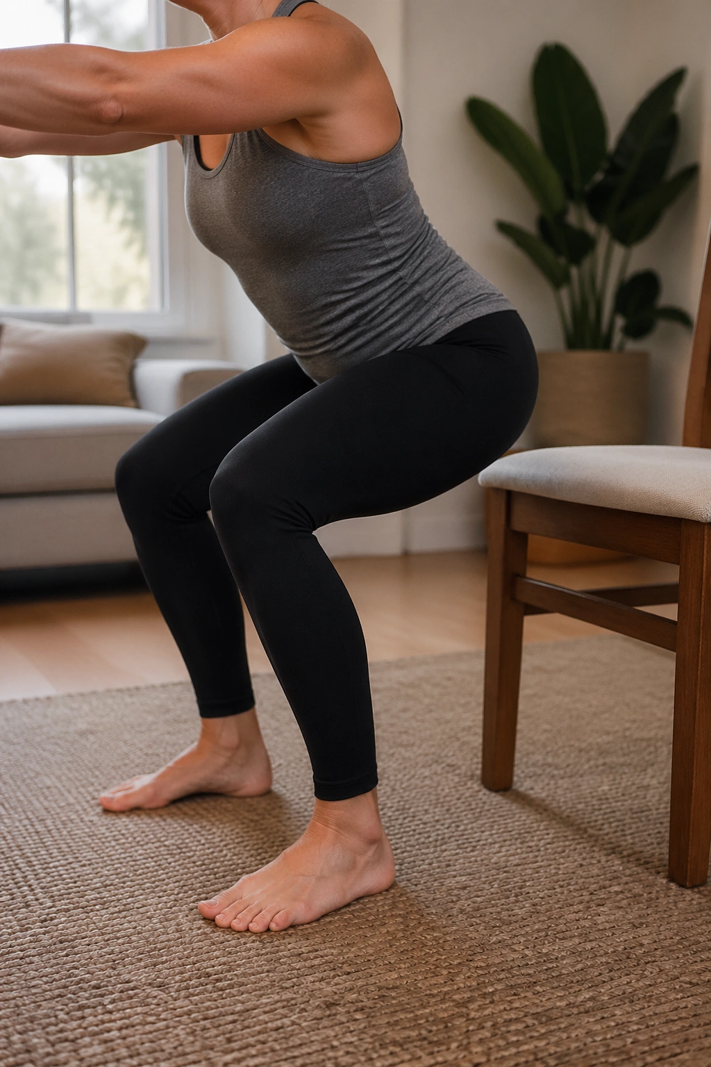 Woman performing chair squats with proper form near a chair