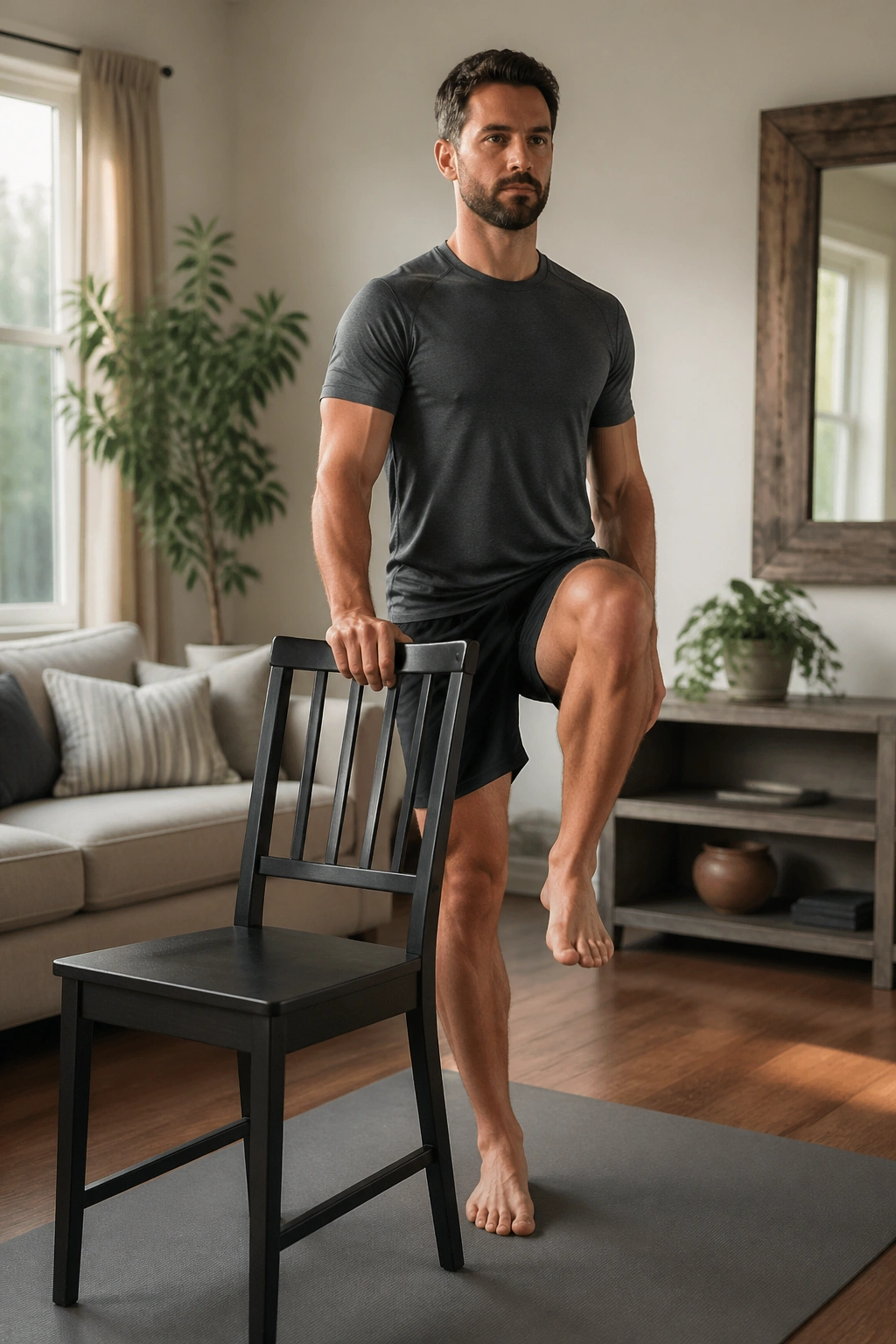 Real person performing chair-based stability exercise behind a sturdy chair in a home living room