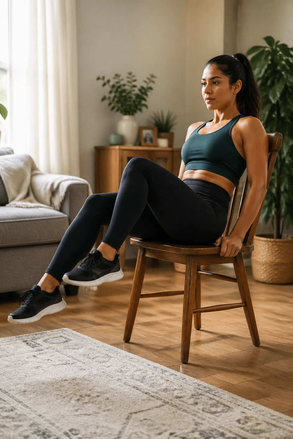 Medium close-up of a person performing chair toe taps in a cozy living room.