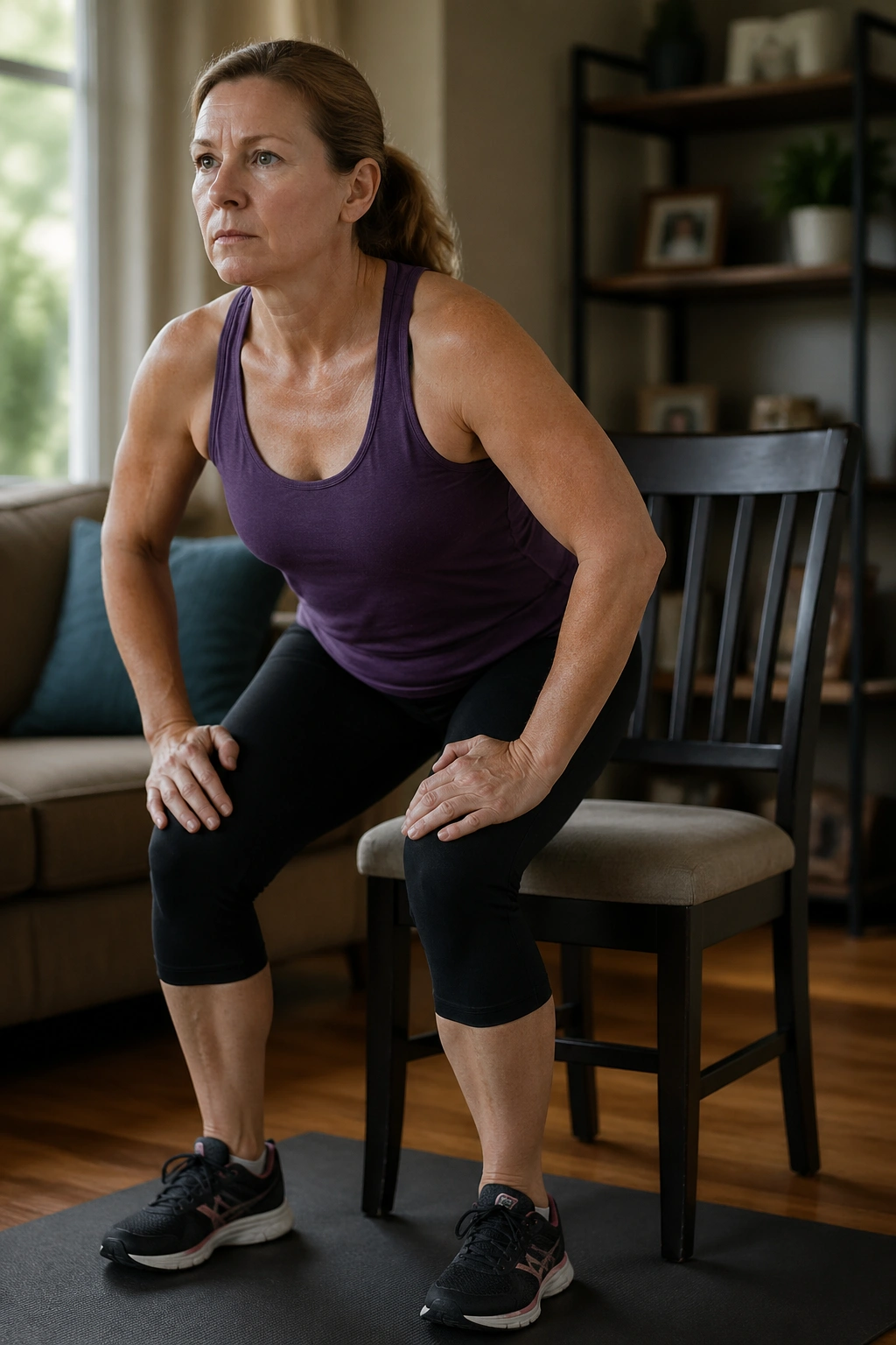 Real woman performing sit-to-stand chair workout in a cozy living room.