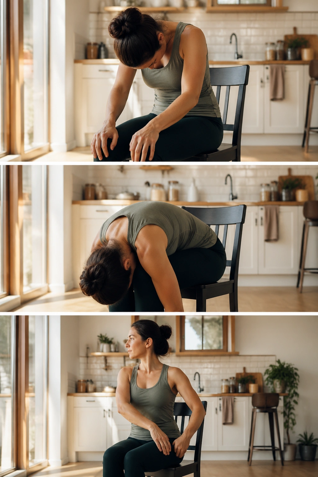 Real person in a chair performing seated yoga poses in a cozy kitchen.