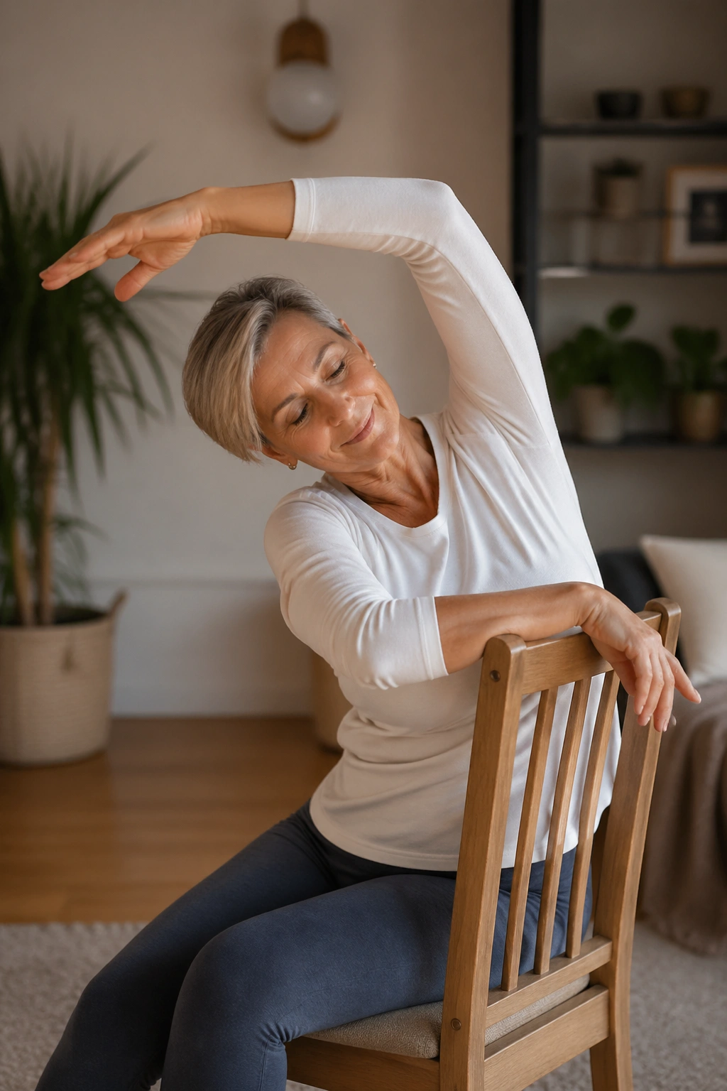 Real person seated in chair performing a gentle seated stretch with support