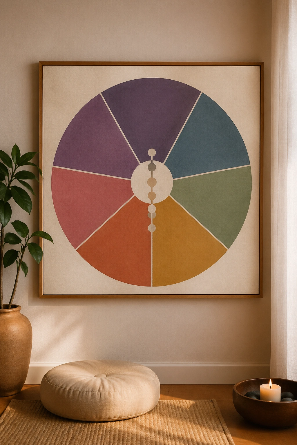 Muted chakra wheel poster dominating a meditation wall