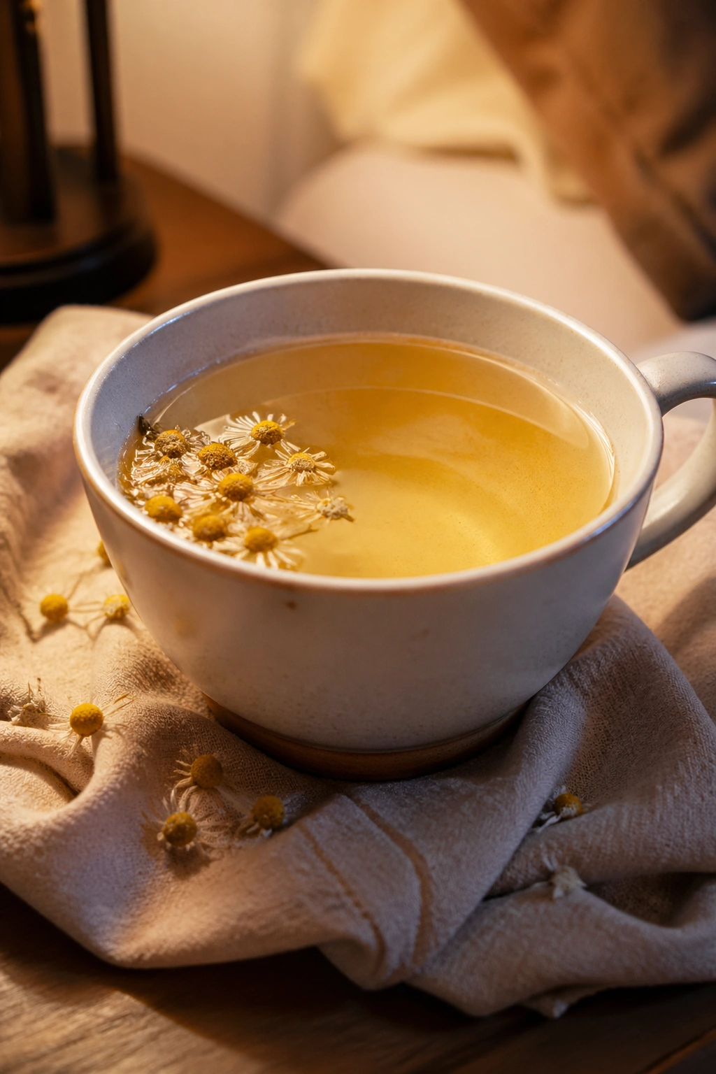 Close-up of chamomile tea with dried flowers on a linen cloth