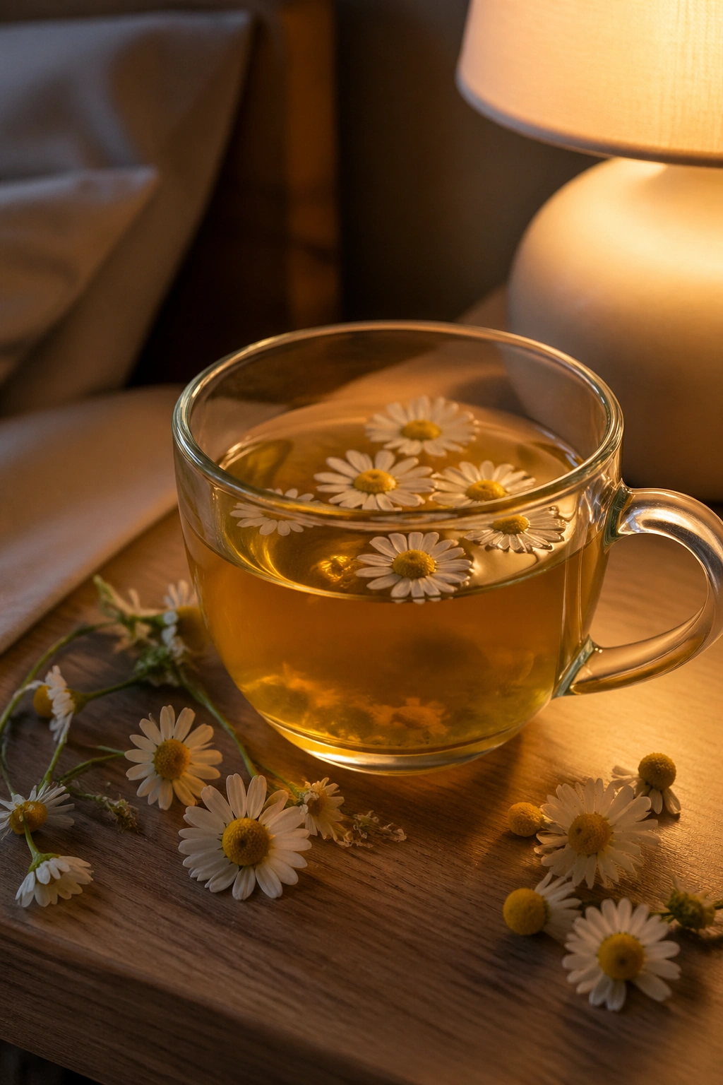Close-up of chamomile tea mug on a bedside table at night