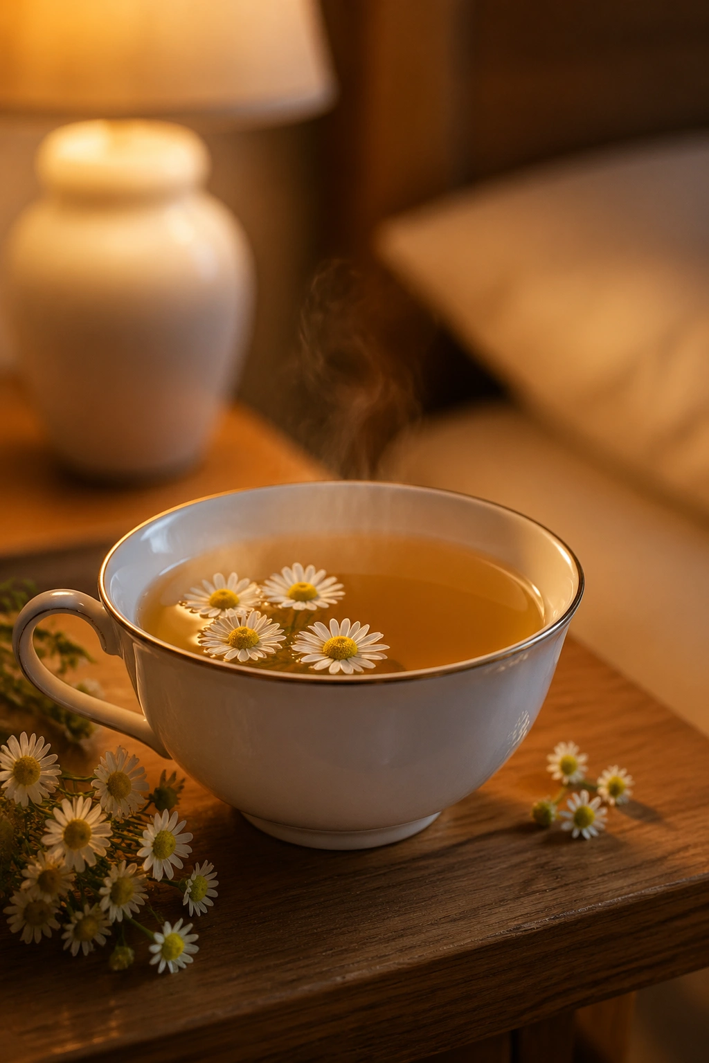 Close-up of chamomile tea in a porcelain cup on a bedside table