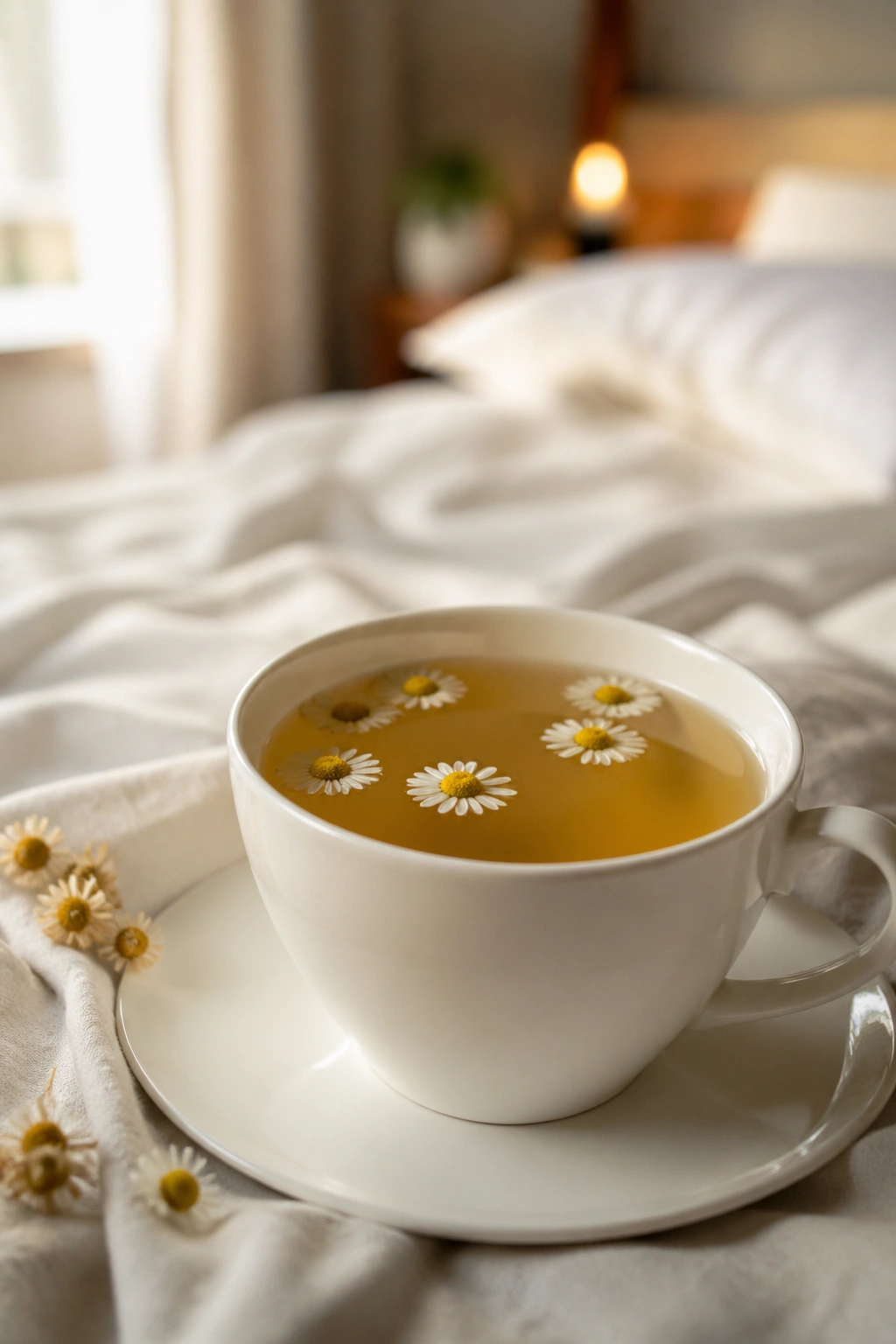 Close-up of chamomile tea with chamomile flowers in the cup, cozy bedroom lighting