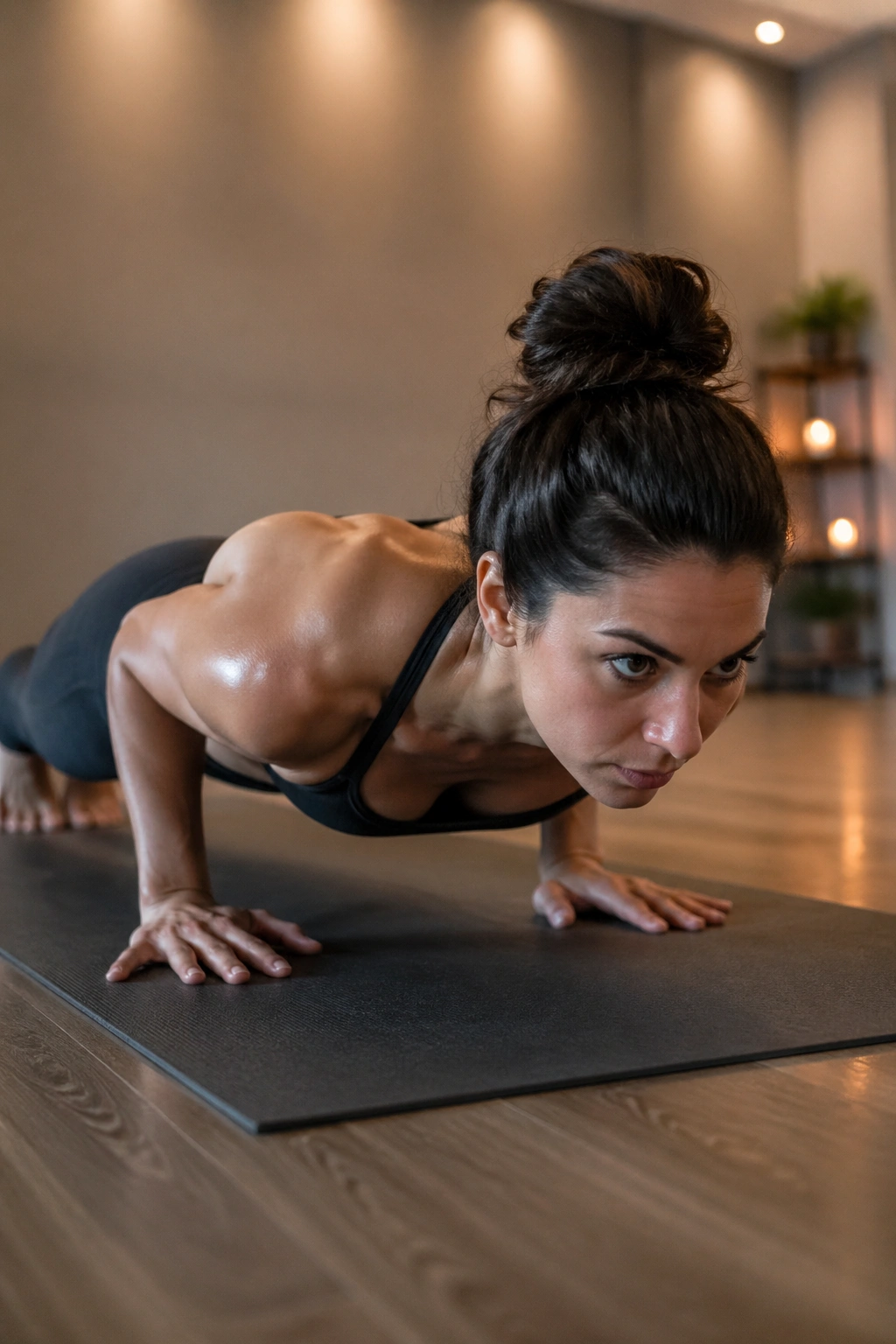 Person performing Chaturanga Dandasana with elbows tucked and core engaged.
