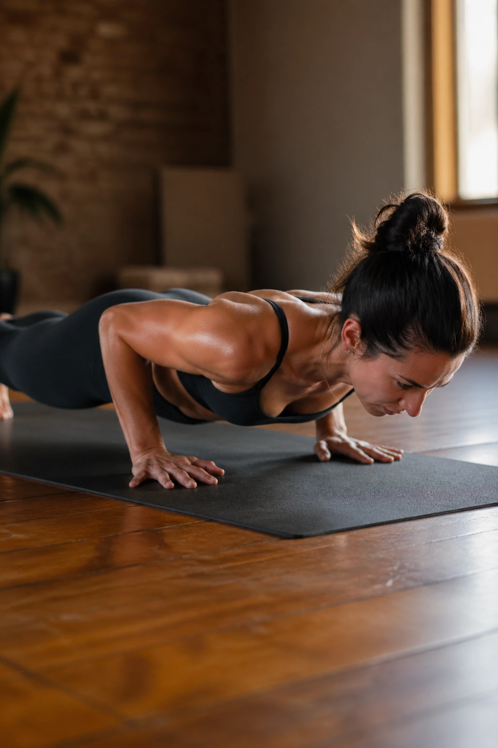 Person in Chaturanga with elbows hugged in and shoulders supported