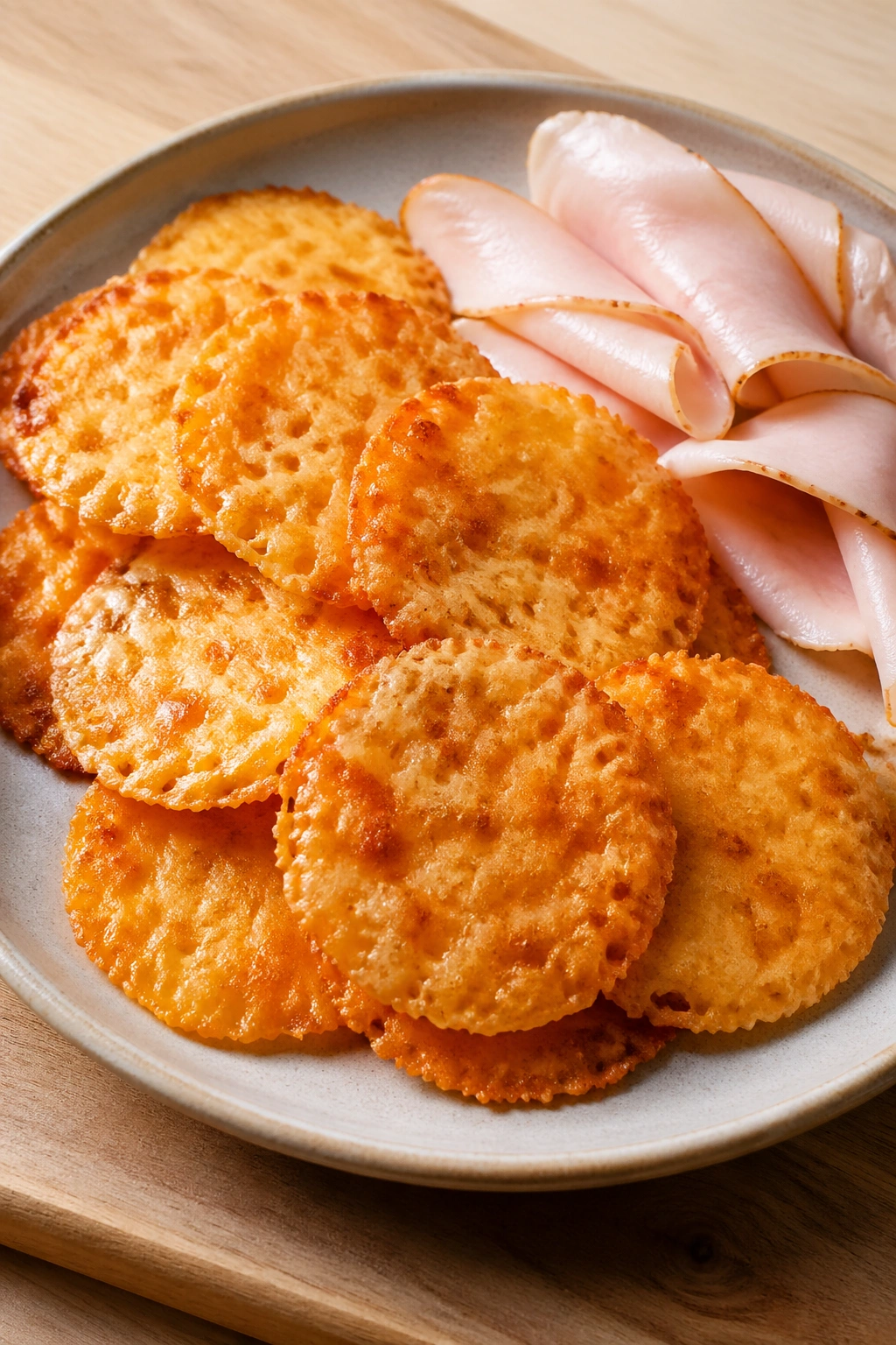 Plate of cheese crisps with deli chicken on a wooden board