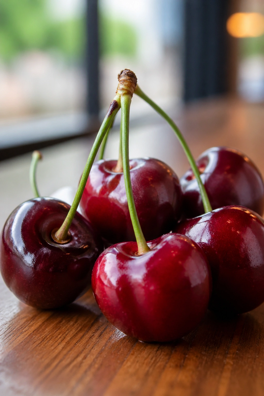 Close-up of a cluster of cherries on a wooden surface