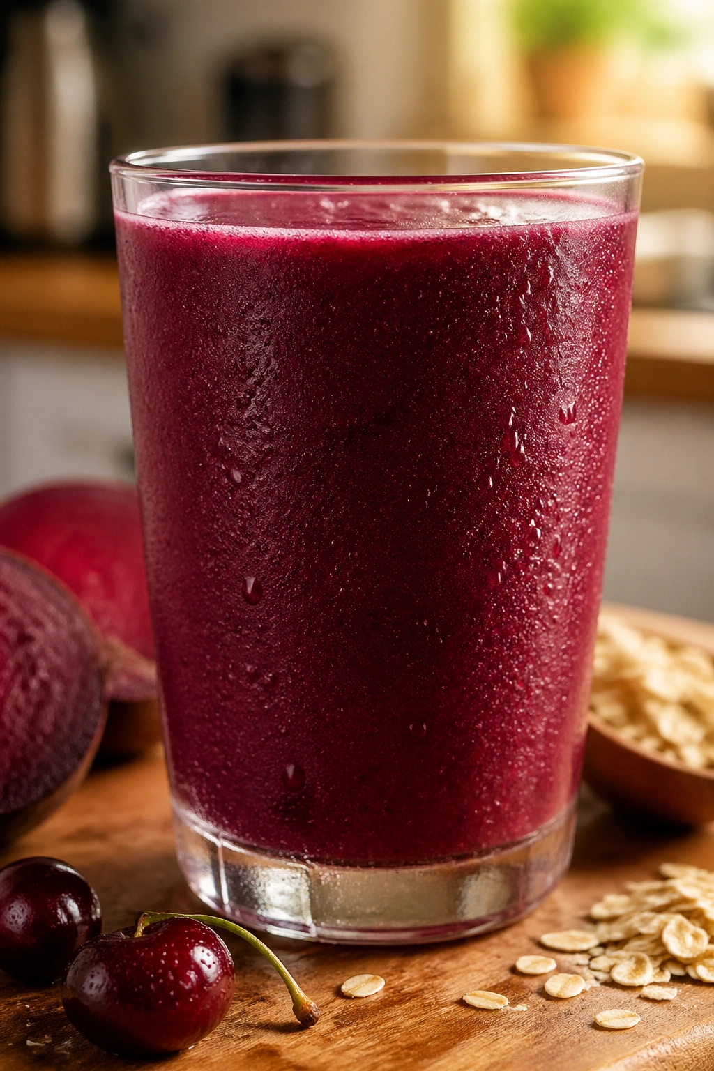 Close-up of deep purple cherry beet oat smoothie in a glass on a kitchen counter