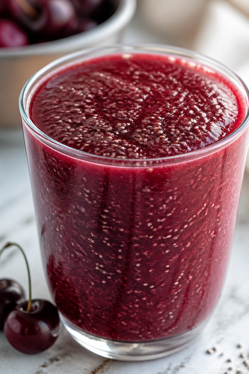 Close-up of a cherry chia recovery smoothie in a glass with visible chia seeds