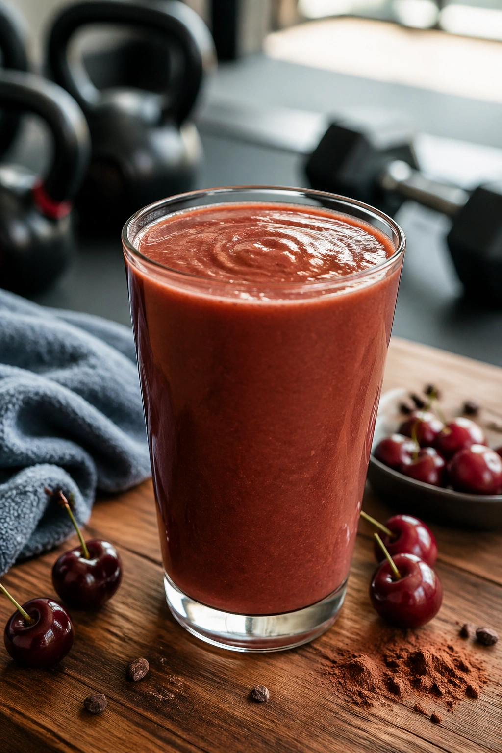 Cherry Cocoa Recovery Smoothie in a glass on a gym bench