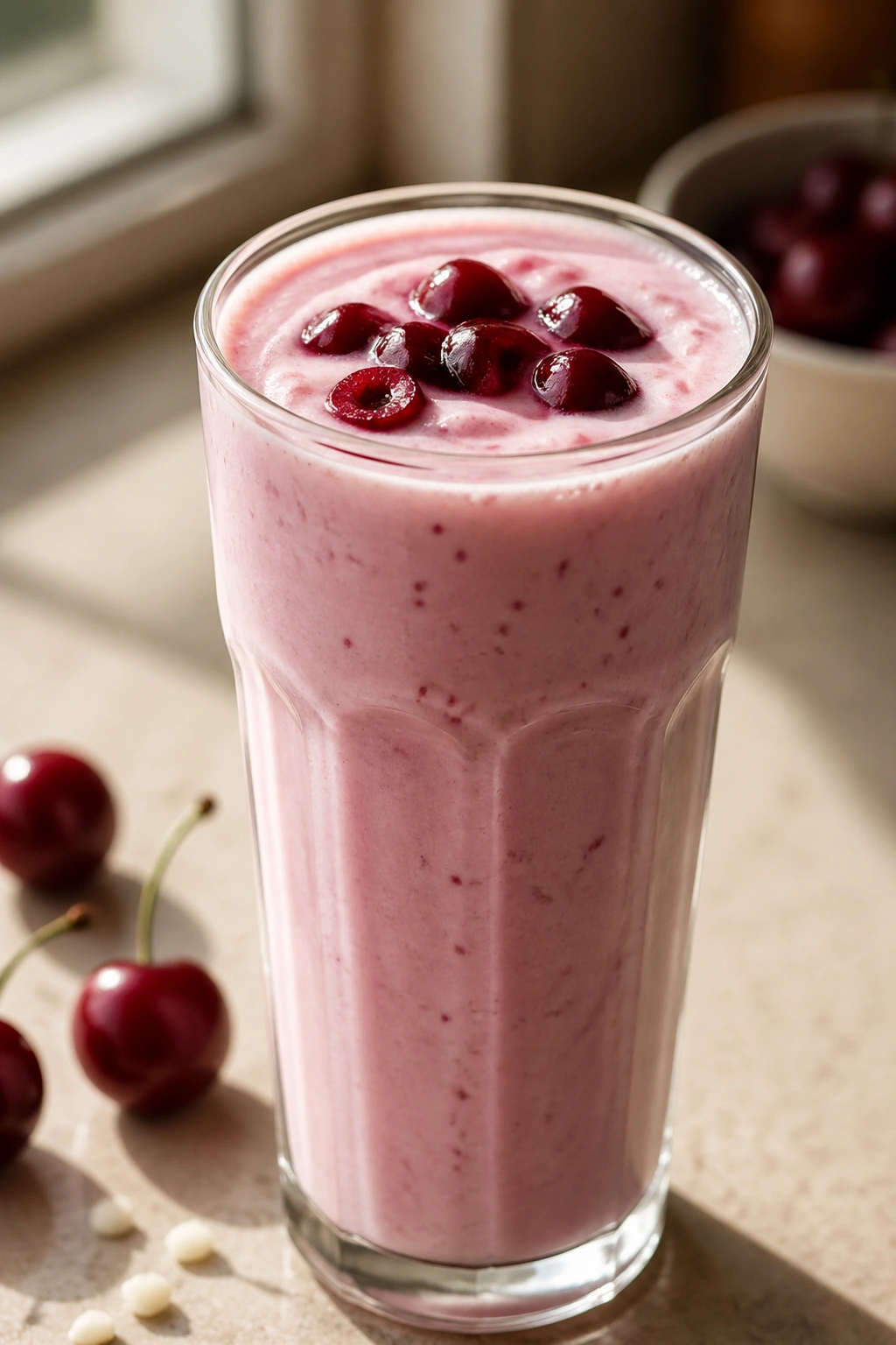 Creamy Cherry Vanilla Cottage Cheese Shake in a tall glass on a warm kitchen counter