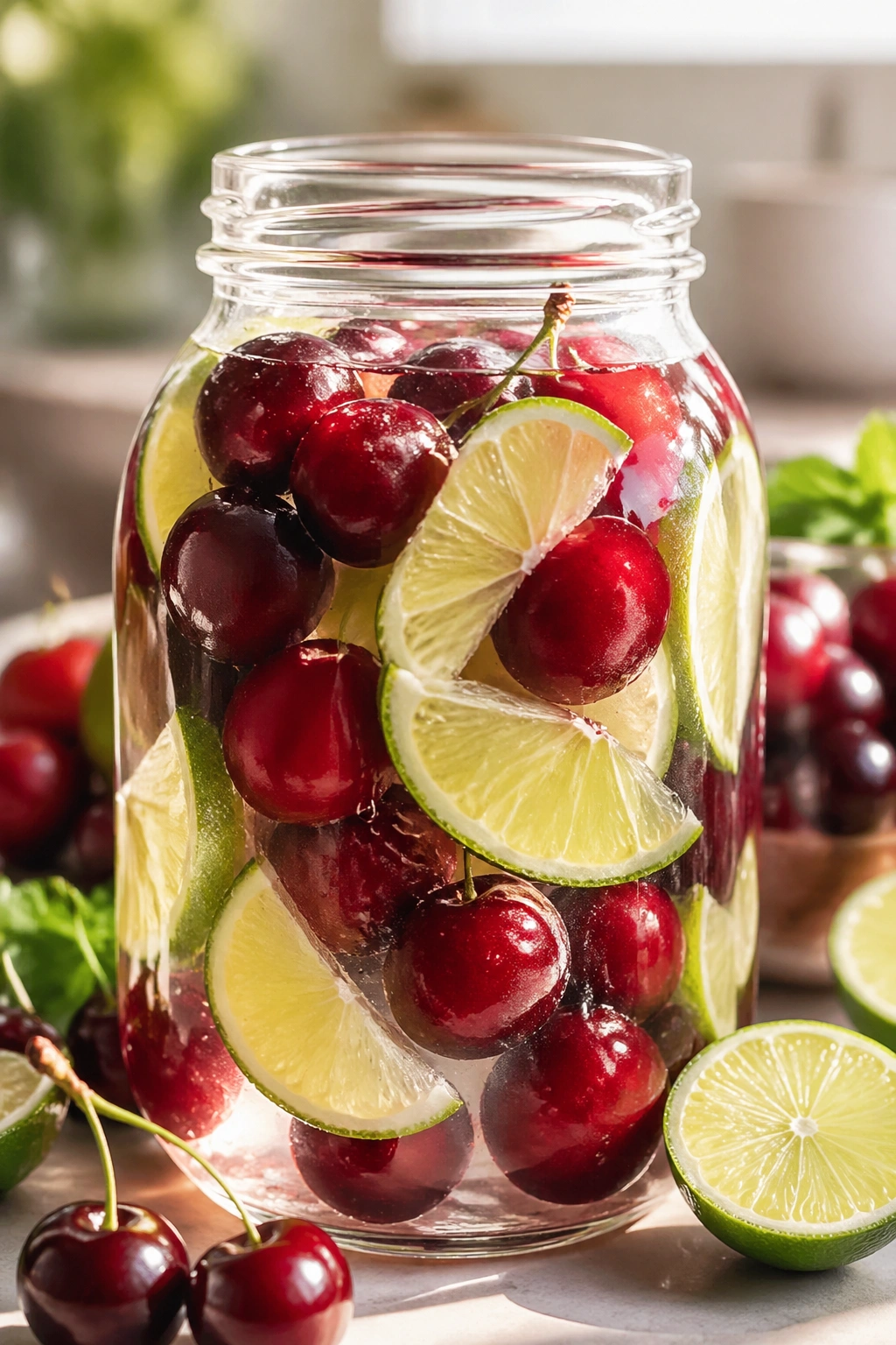 Close-up of cherry and lime infusion in a glass jar