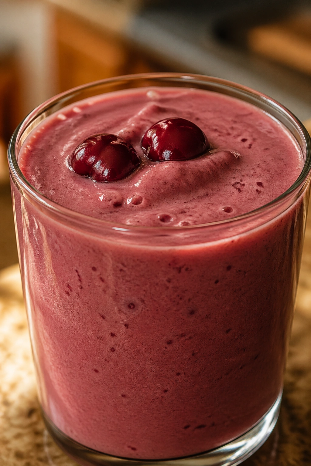 Close-up of Cherry Vanilla Rice Milk Shake in glass on kitchen counter