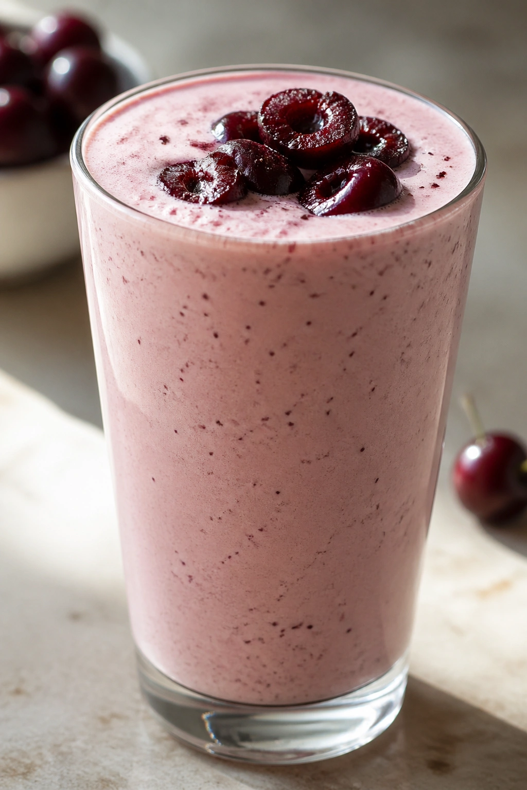 Cherry vanilla recovery shake in glass on kitchen counter