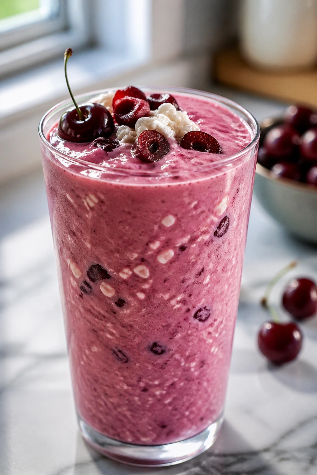 Close-up of a Cherry Vanilla Recovery Shake in a glass in a bright kitchen