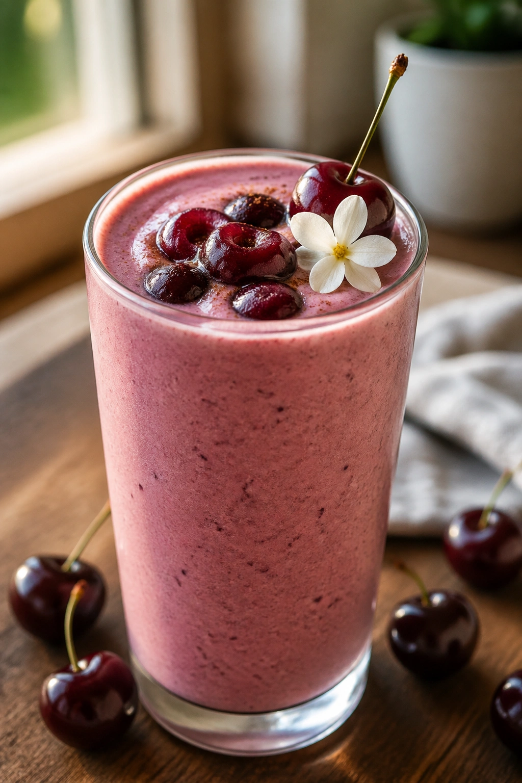 Close-up of Cherry Vanilla Skyr Smoothie in a glass on a cozy breakfast setup