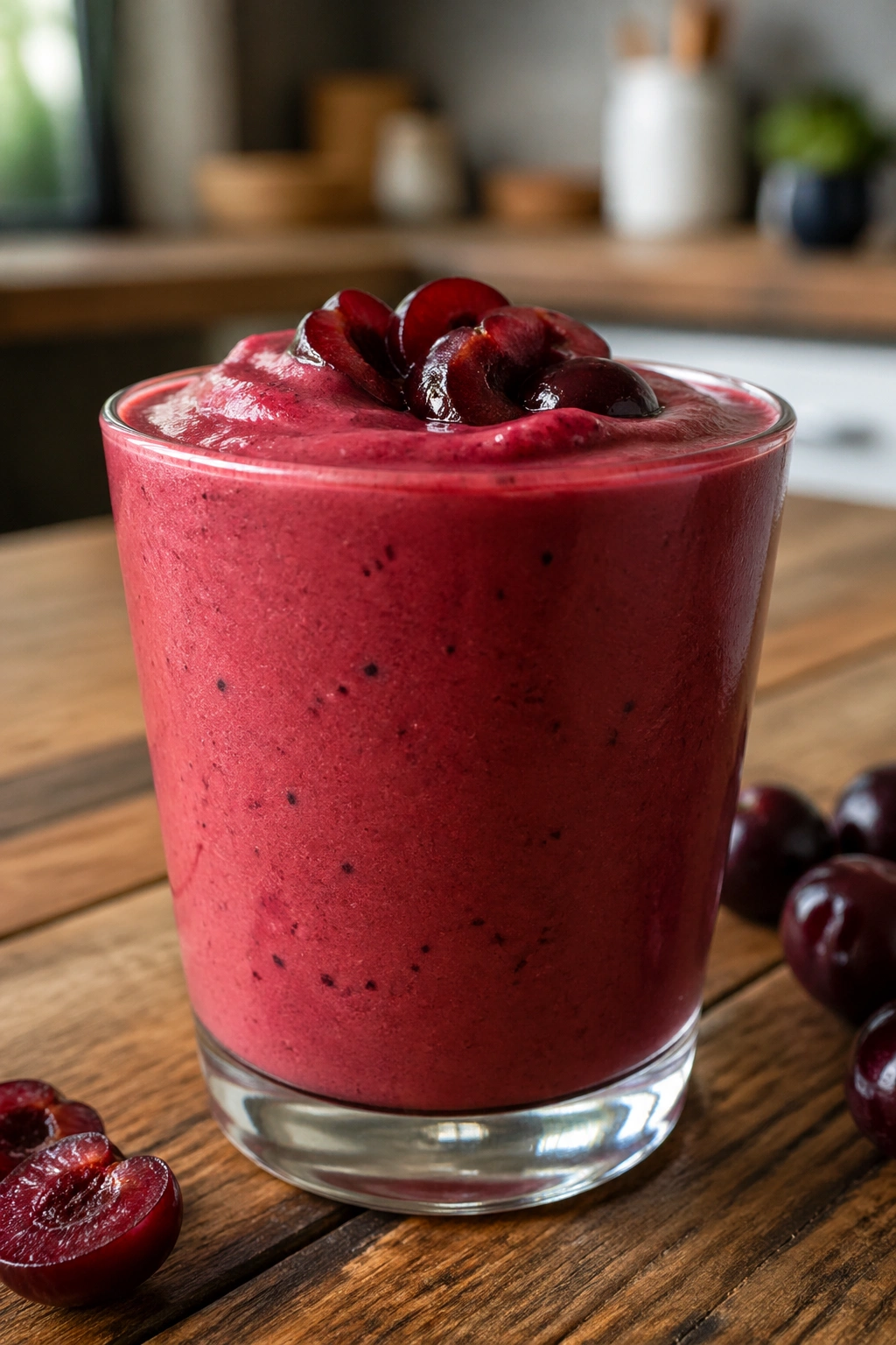 Close-up of cherry vanilla skyr smoothie in a glass on a wooden table