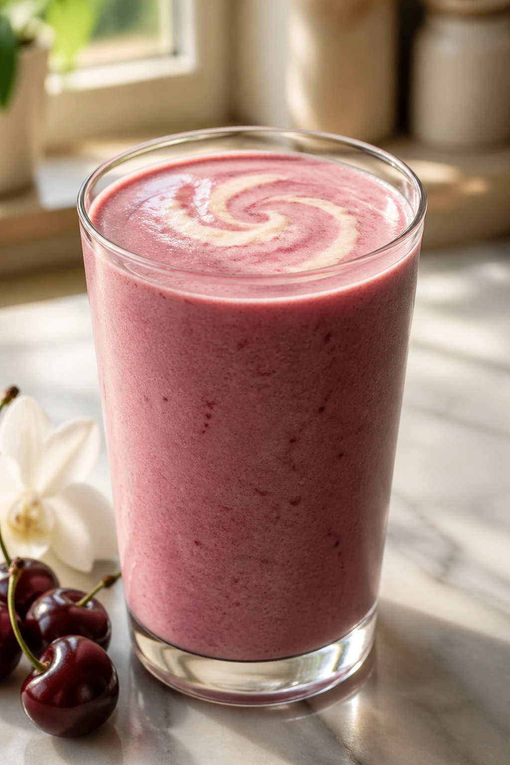 Cherry Vanilla Pre Workout Smoothie in glass on sunlit kitchen counter