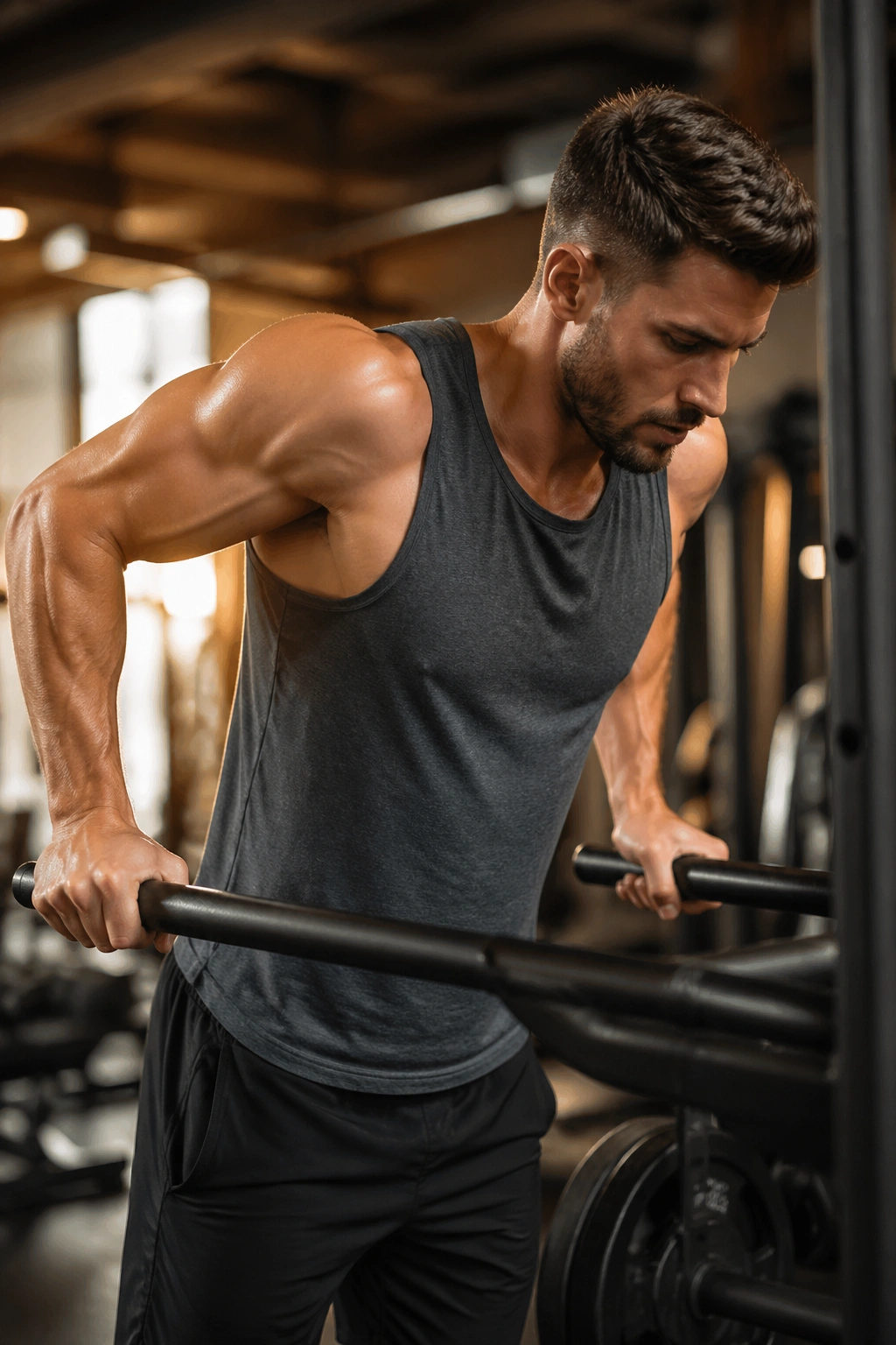 Close-up of a person performing chest dips with proper shoulder protection at a gym