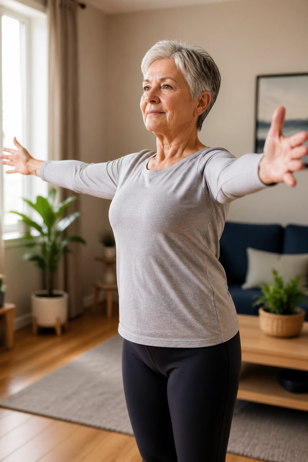 Senior performing Chest Expansion with Arm Reach in a home setting