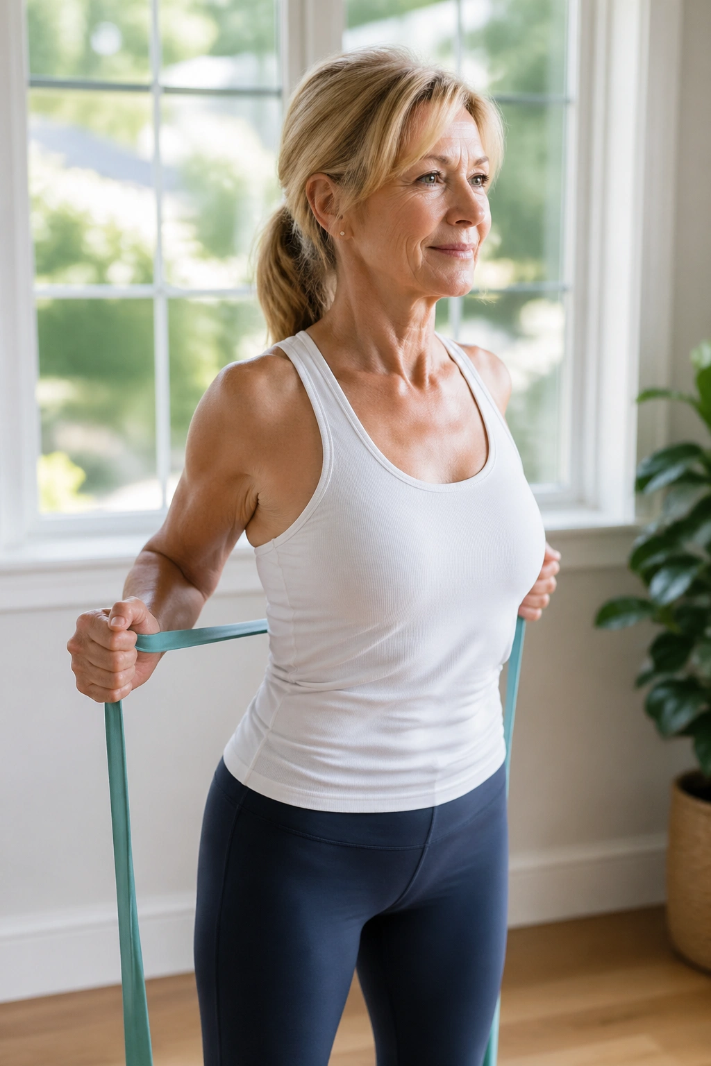 Close-up of arms pulling back with a resistance band during chest expansion